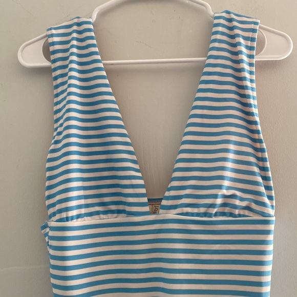 J. Crew One Piece Swimsuit Blue Stripe Plunge V-Neck Size Large - Picture 5 of 9